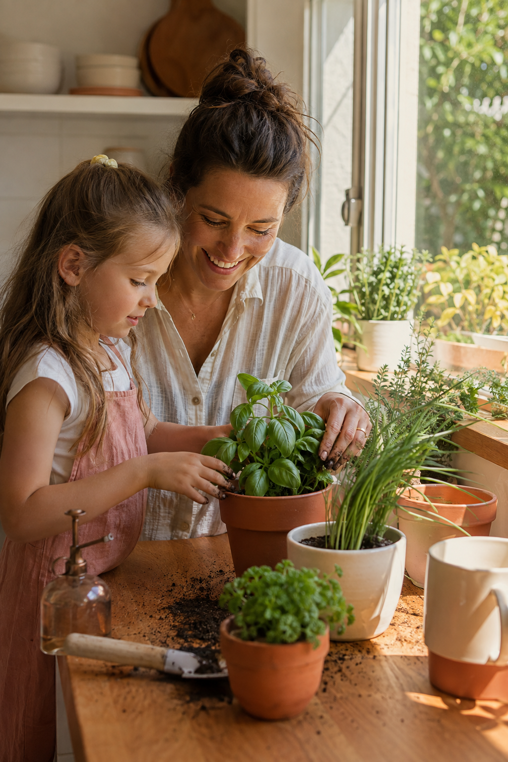 A woman and a young girl planting a green basil plant in a terracotta pot in a bright kitchen with sunlight coming through the window, surrounded by other pots and gardening tools.