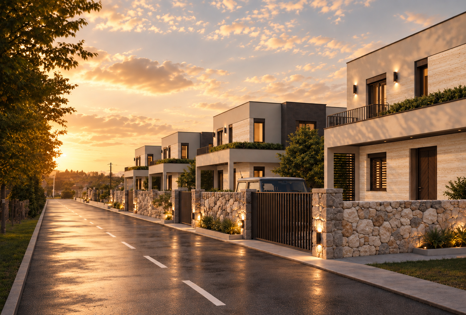 Noble Residences — četiri kuće, travertinska fasada. Arhitektonska vizualizacija.