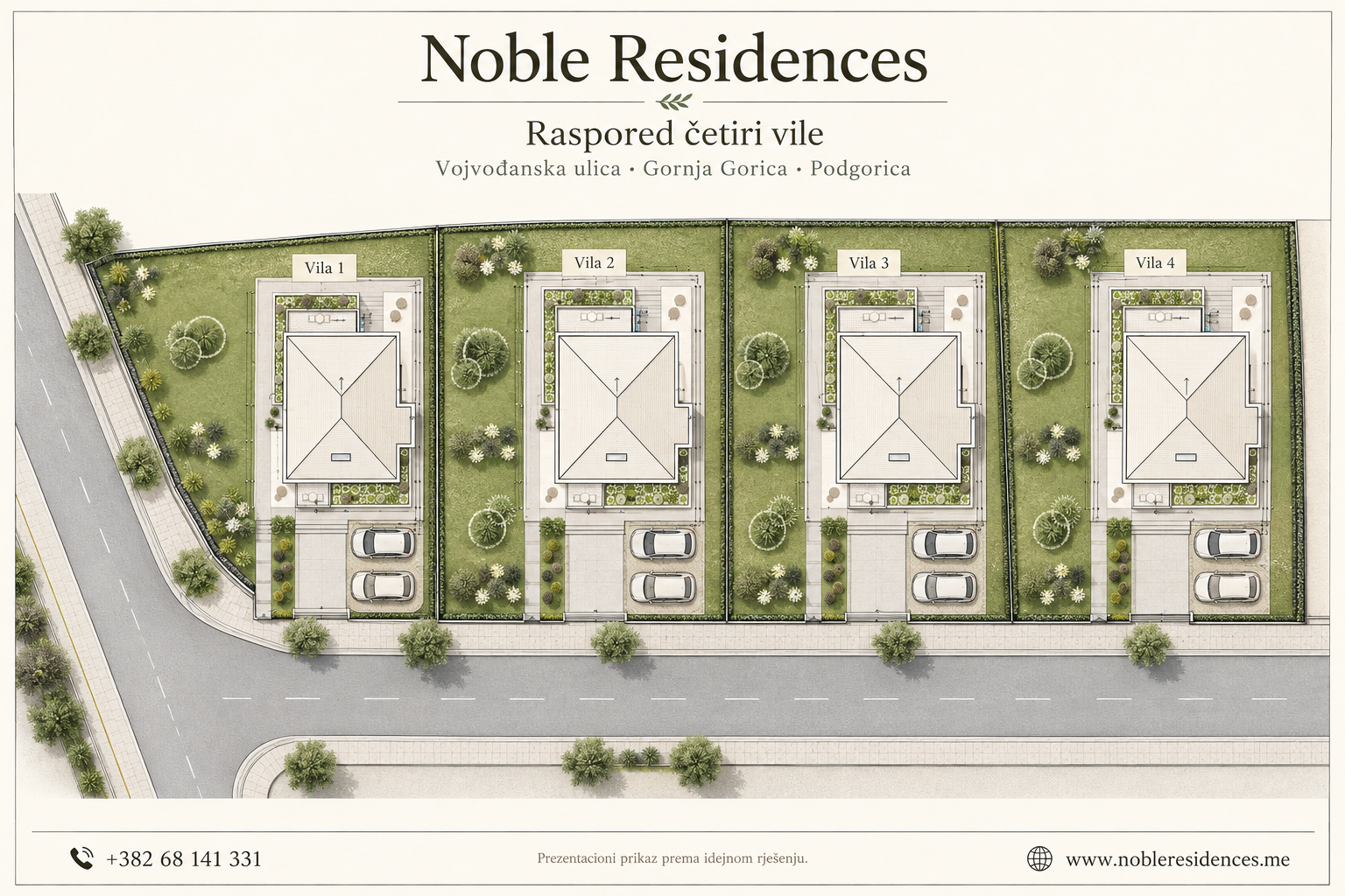 Layout of the four villas — presentation based on the concept design. Click to enlarge.