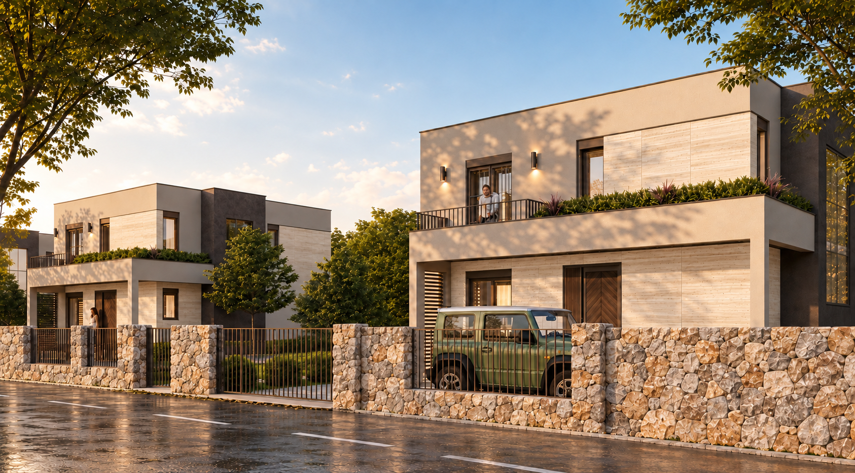Noble Residences — pogled sprijeda, travertinska fasada. Arhitektonska vizualizacija.
