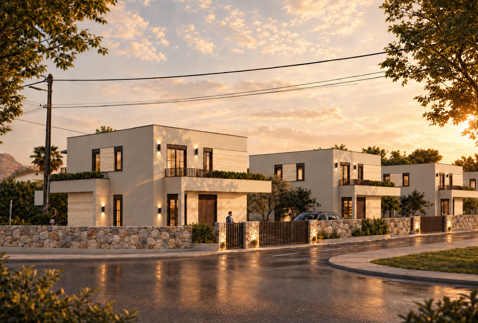 Noble Residences — široki prikaz, travertinska fasada. Arhitektonska vizualizacija.