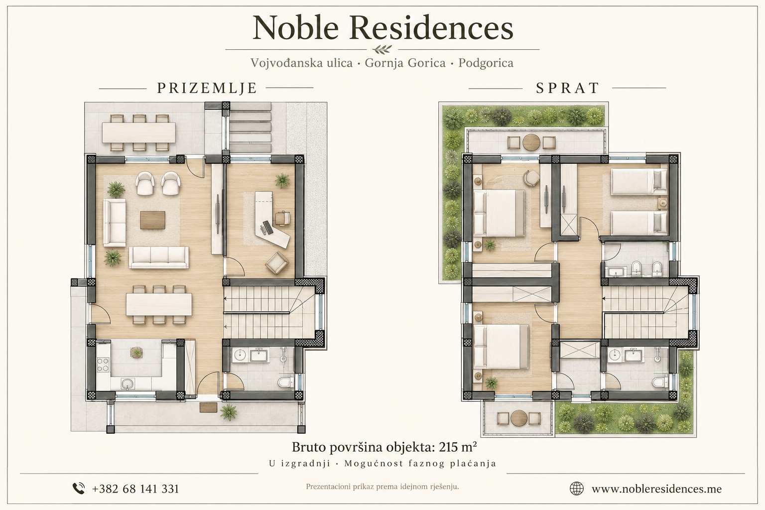 Ground floor (Prizemlje) and first floor (Sprat) — presentation based on the concept design. Click to enlarge.