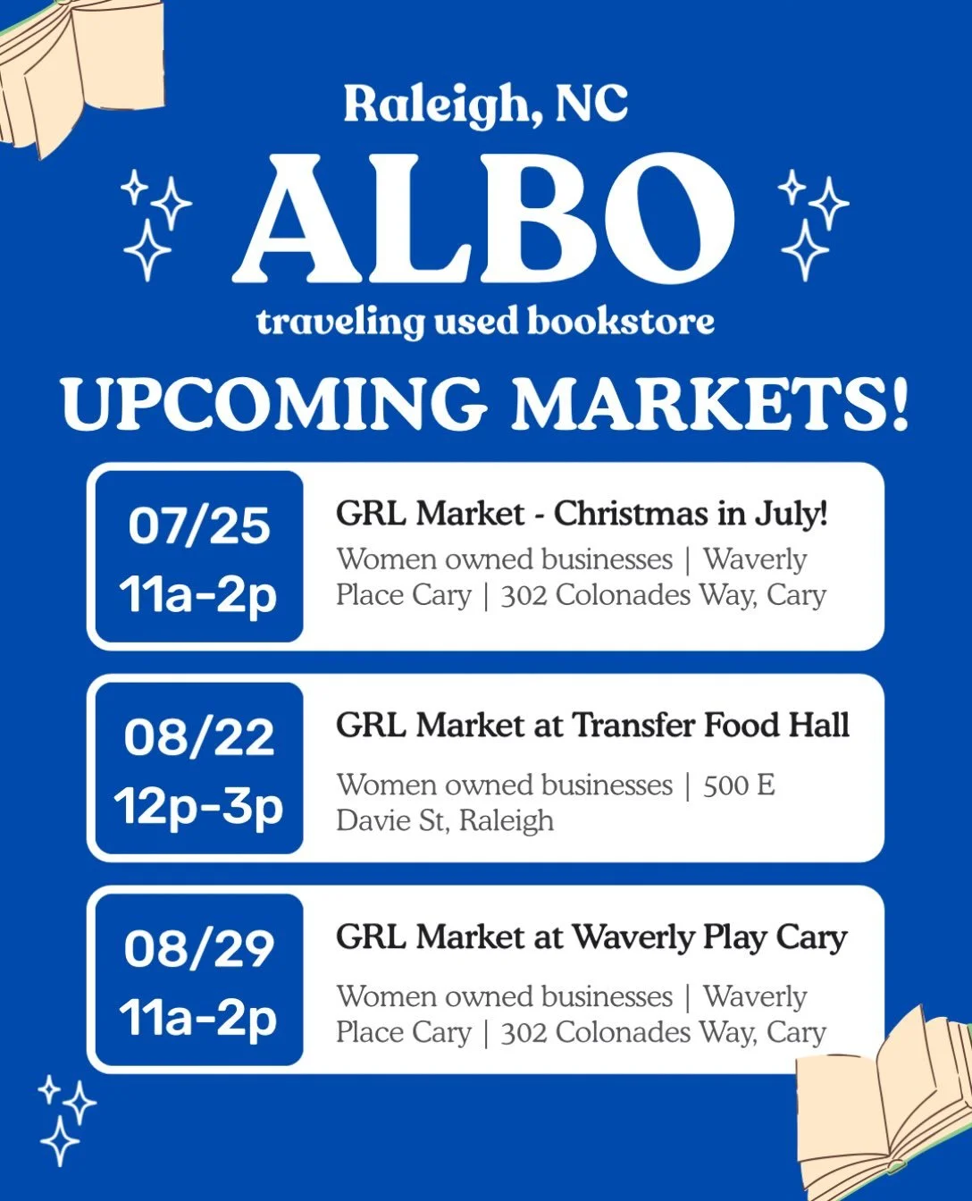 Having so much fun popping up around the triangle! Mark your calendars for upcoming events and start stocking your fall TBR 📚🍁

#usedbooks #smallbusiness #grlmarket