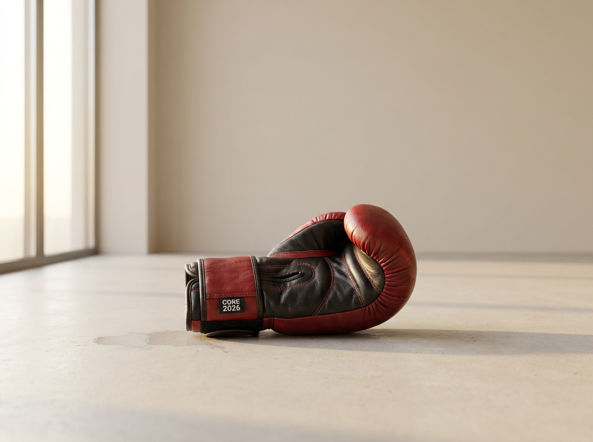 A single boxing glove lies on a light-colored floor near a window, with sunlight illuminating the scene.