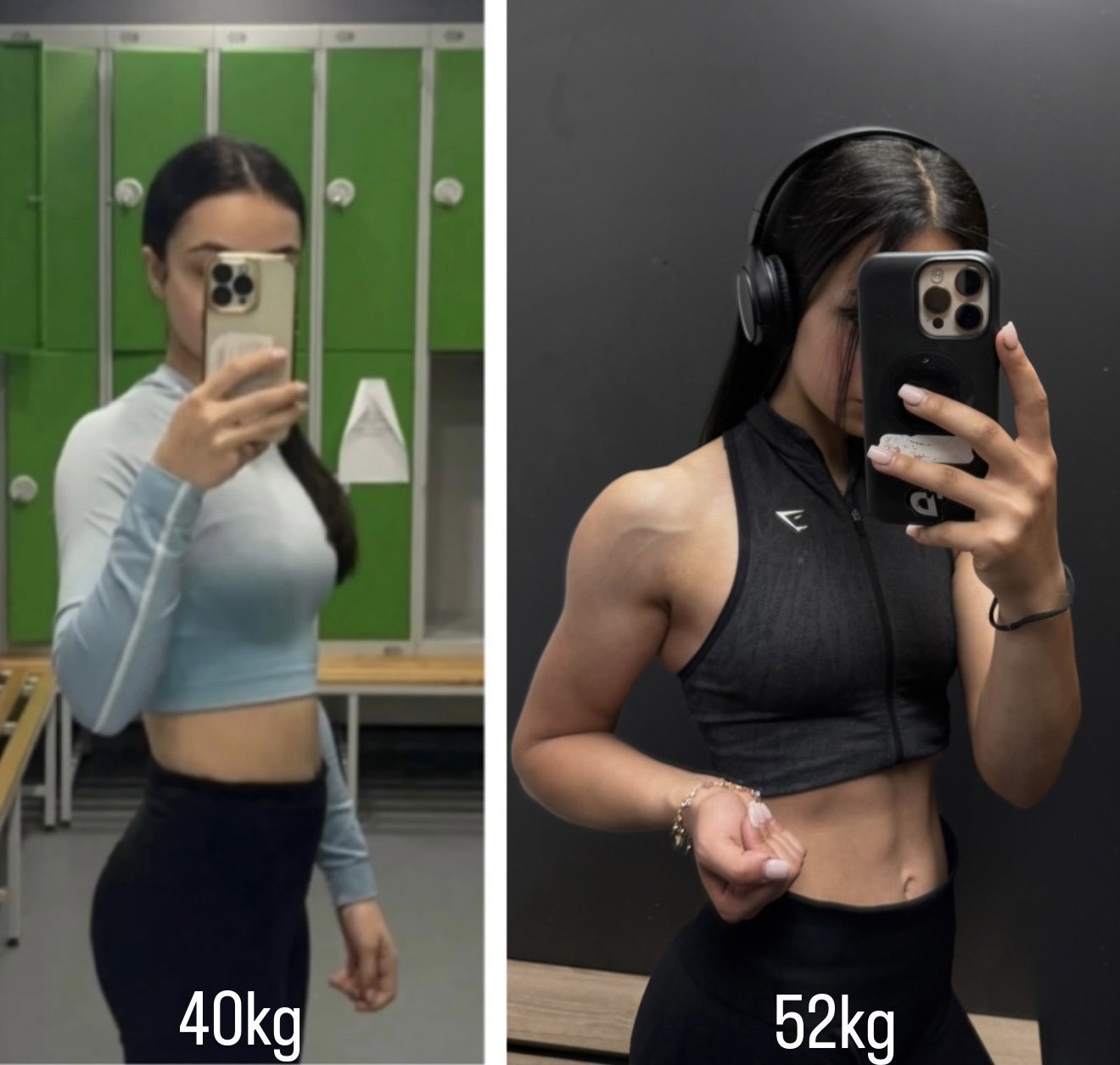 Side-by-side comparison of a woman showing her fitness progress. Left side, at 40kg, wearing a light blue crop top and black pants, in a gym locker room. Right side, at 52kg, wearing a black sports top and black pants, in a gym. She has long dark hair and is taking mirror selfies in both images.