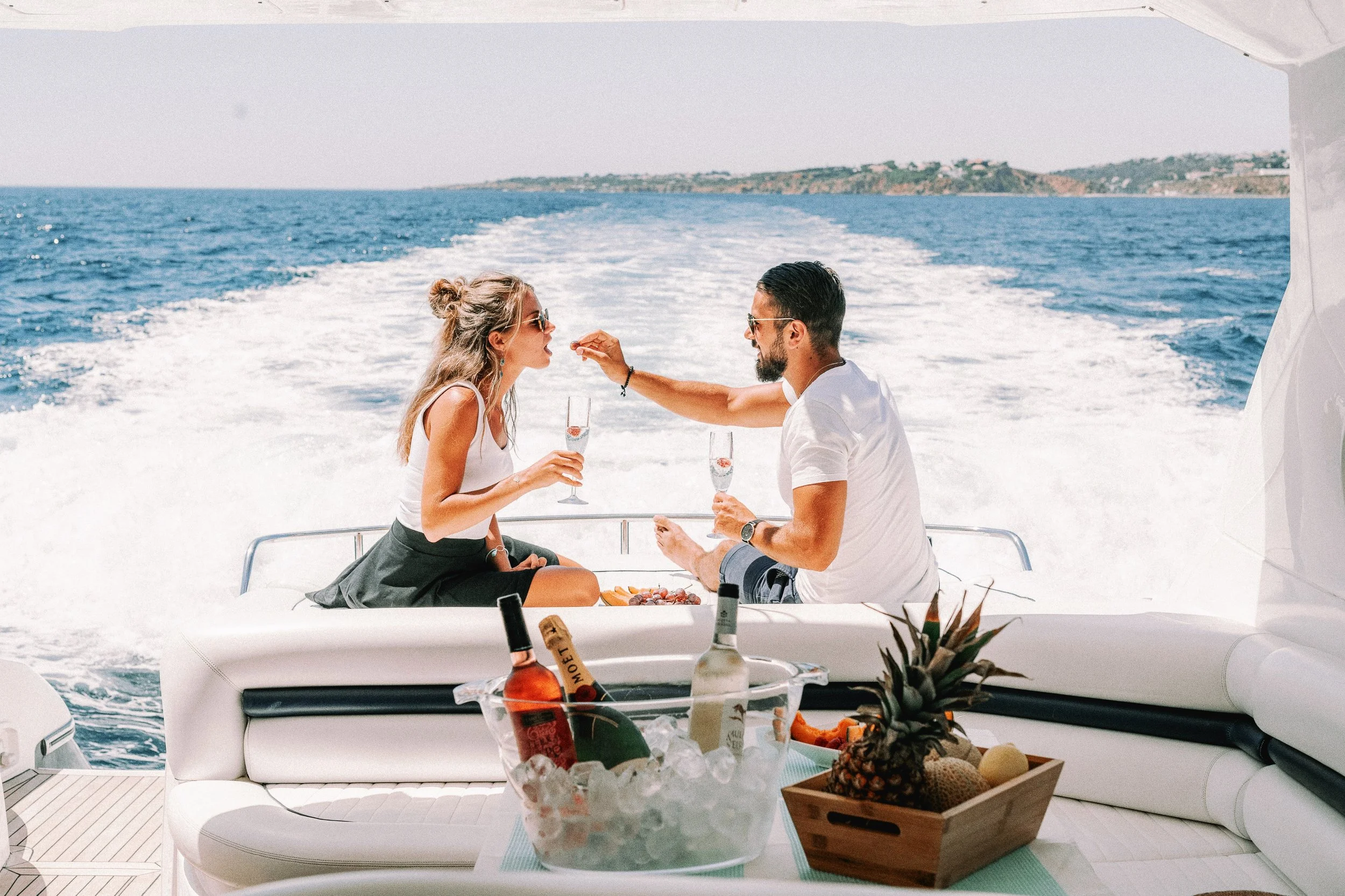 A day on the Mediterranean. Private boat, lunch on board, swimming stops along the coast.