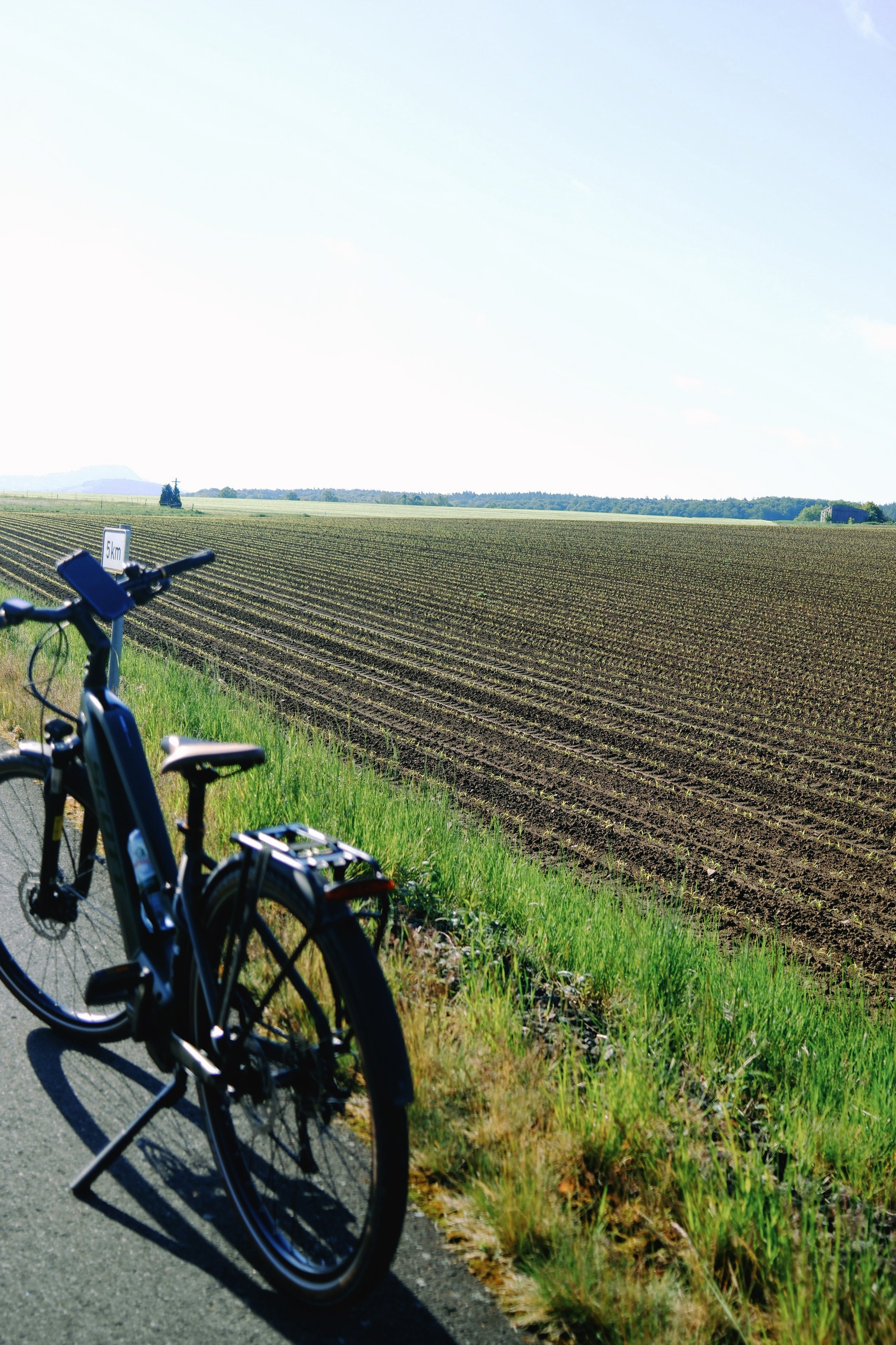 A bicycle parked beside a paved road with green grass and plants, overlooking a large farmland field under a clear sky.