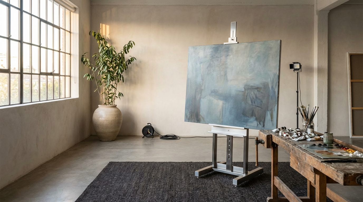A piece of art displayed on an easel in an light, warehouse style studio