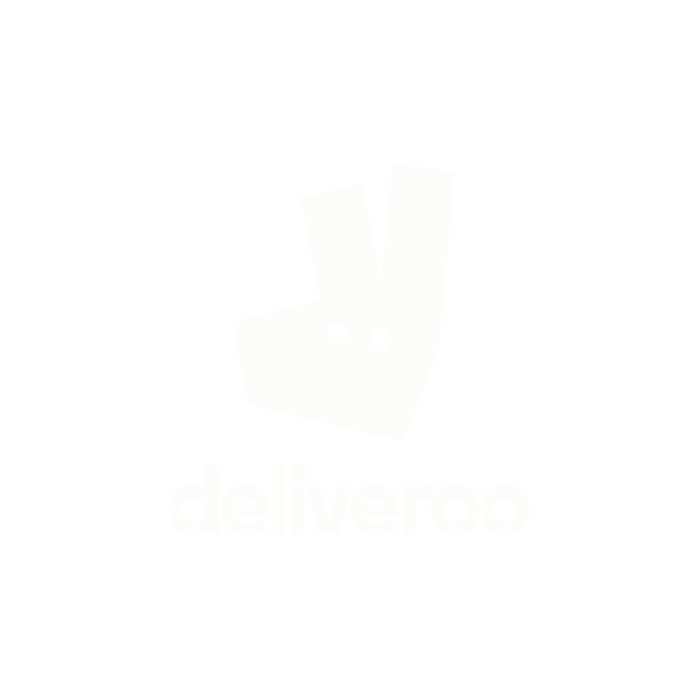 Deliveroo logo featuring a stylized white bunny face with two long ears and two dots for eyes, with the word 'deliveroo' in lowercase underneath, set against a black background.