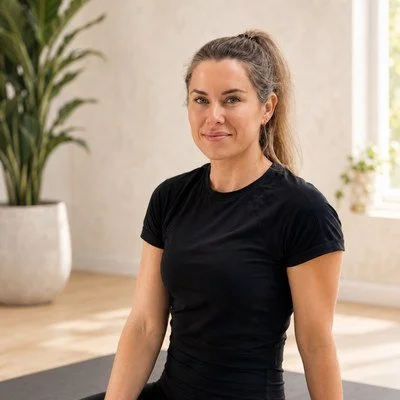 Woman with brown hair tied in a ponytail wearing a black t-shirt, sitting in a room with a potted plant and a window with natural light.