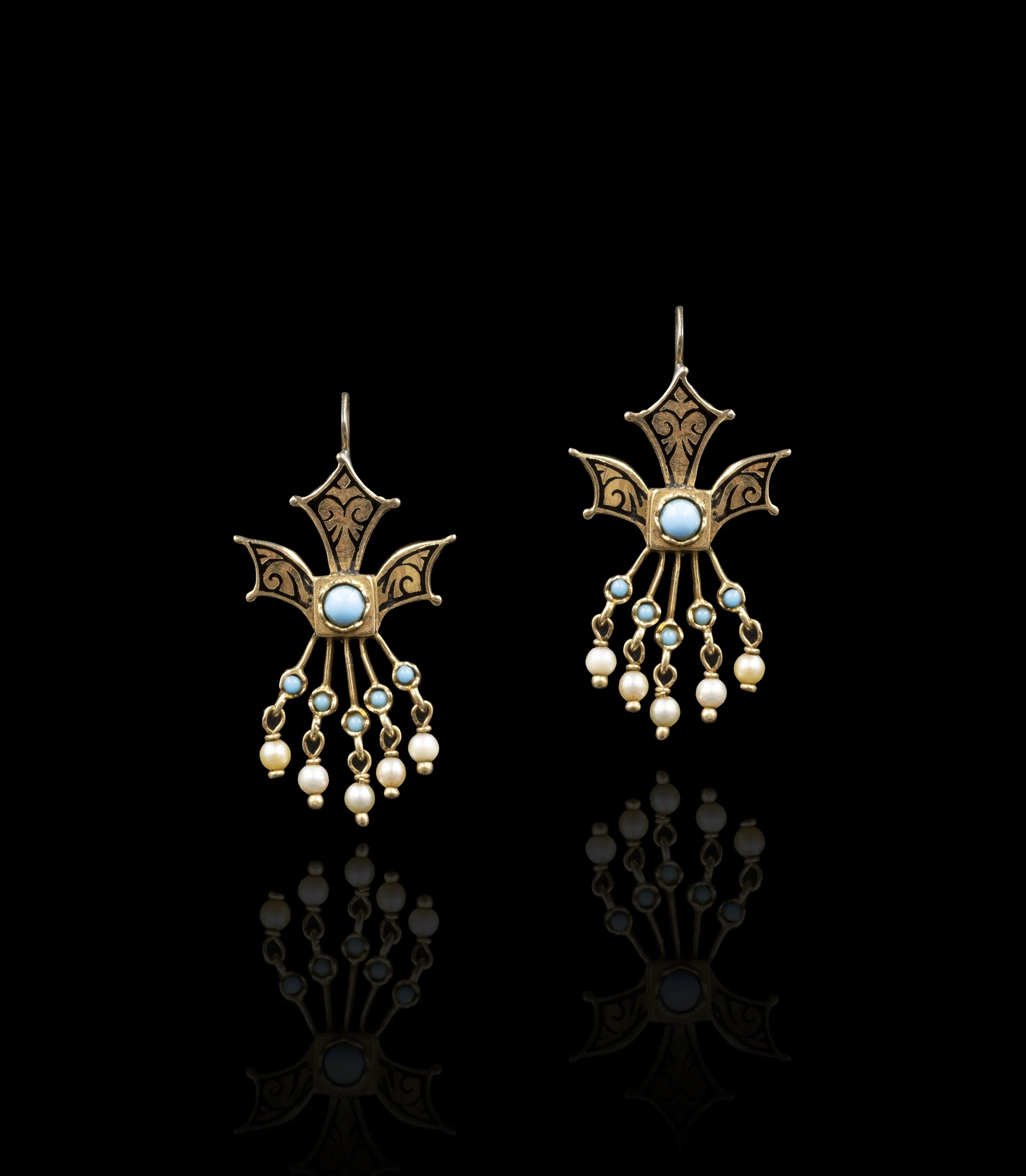 Antique Enamel, Pearl and Turquoise Drop Earrings