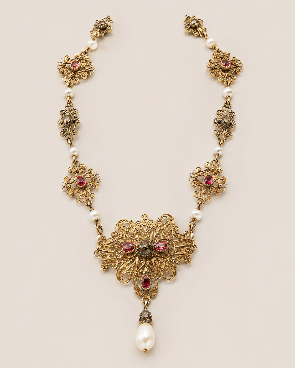Late 17th Century Ruby, Diamond and Natural Pearl Necklace