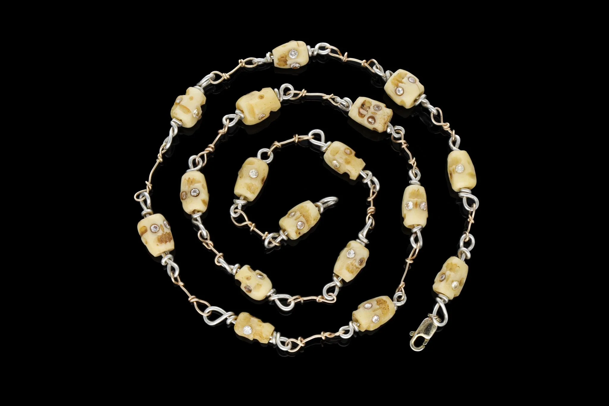 Antique Bone and Diamond Skull Necklace