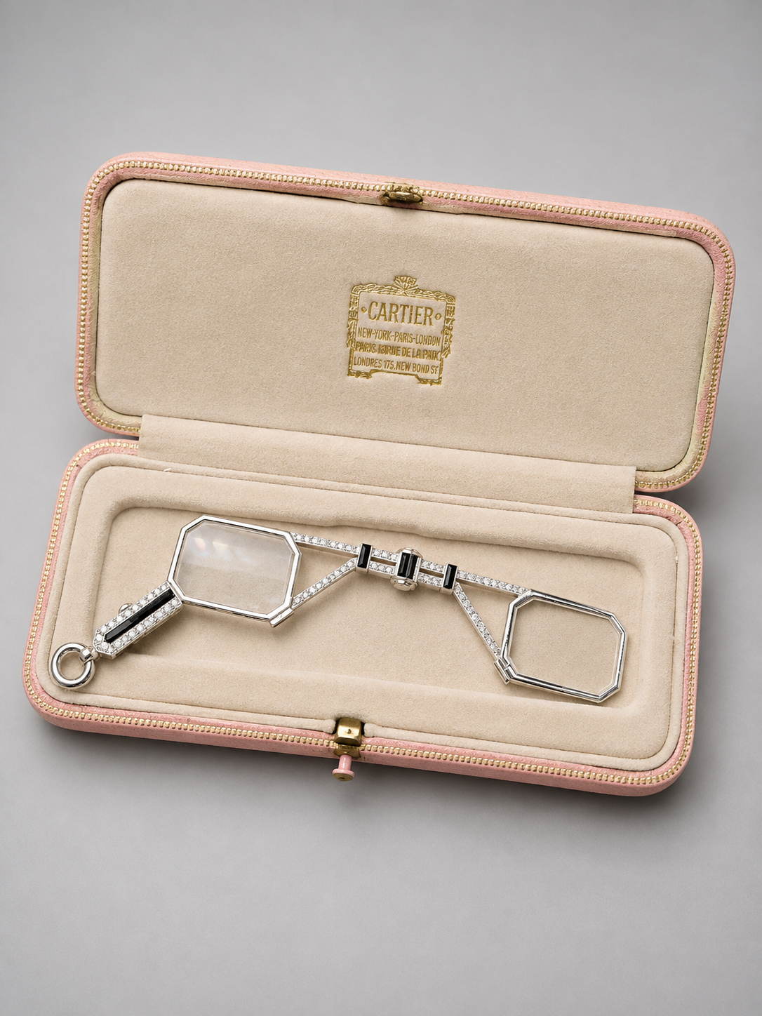 Art Deco Cartier Lorgnettes set with Onyx & Diamond in Platinum with Rock Crystal lenses