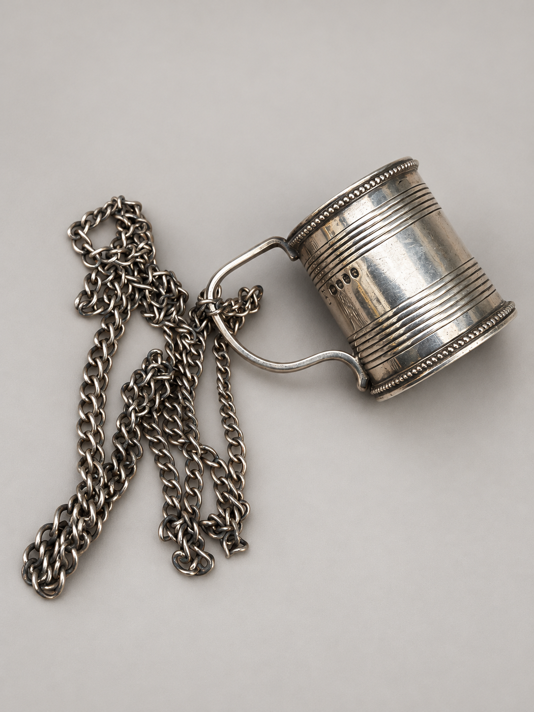 ANTIQUE MINIATURE SILVER TANKARD ON CHAIN 