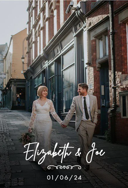 A couple, dressed in wedding attire, walking hand in hand on a city street with brick and glass buildings in the background, holding a bouquet of flowers, with the names Elizabeth and Joe and the wedding date, 01/06/24, written on the image.