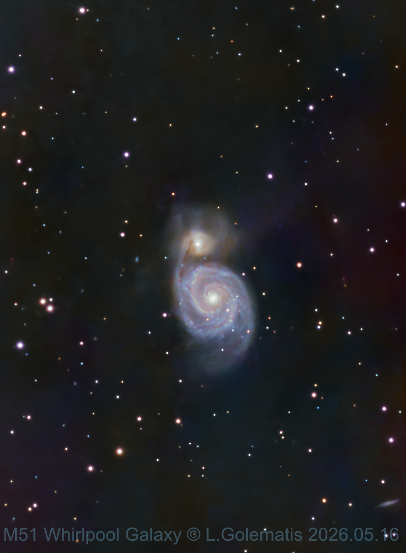 M51 OR NGC 5194 Whirlpool Galaxy (795 Subs X 30 Sec. Integration under Bortle 7). processed with Pixinsight & Affinity Photo. Captured 2025.05.16
