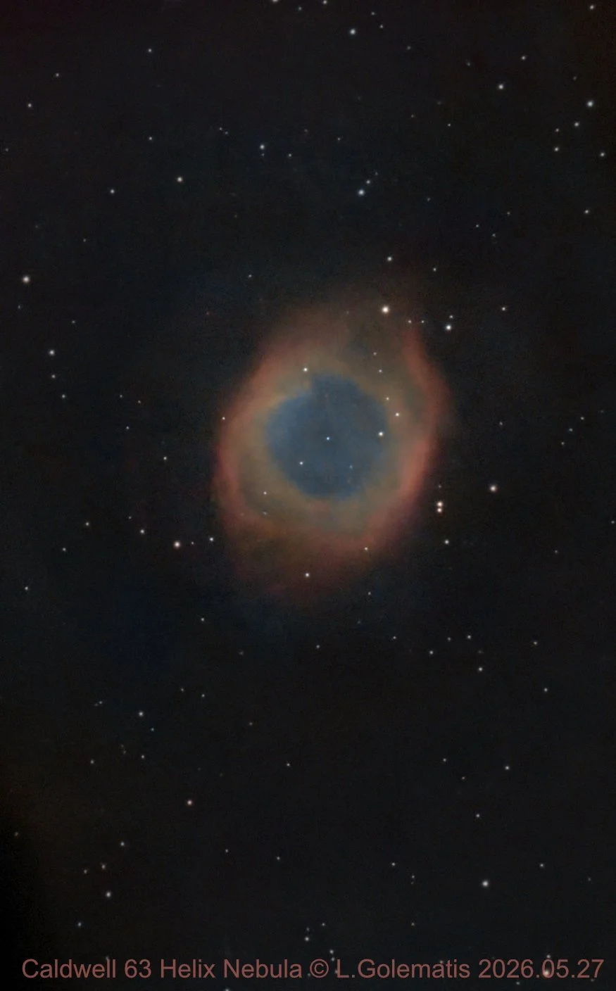 NGC 7293 Helix Nebula or Caldwell 63 (381 Subs X 10 Sec. Integration under Bortle 7). processed with Pixinsight & Affinity Photo. Captured 2026.05.27