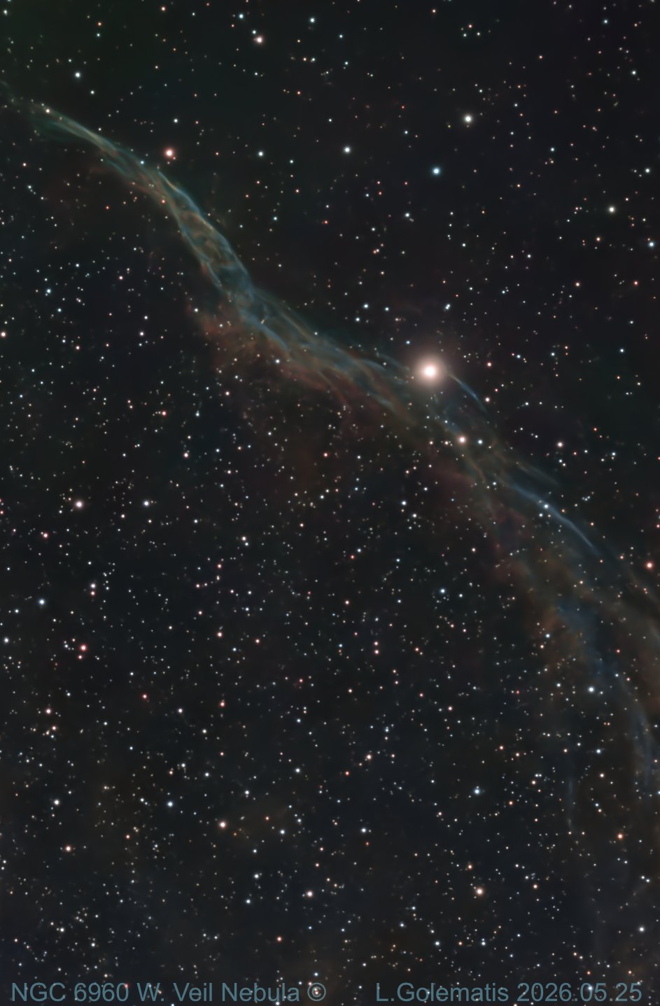 NGC 6960 Western Veil Nebula (540 Subs X 10 Sec. Integration under Bortle 7). Captured 2026.05.25