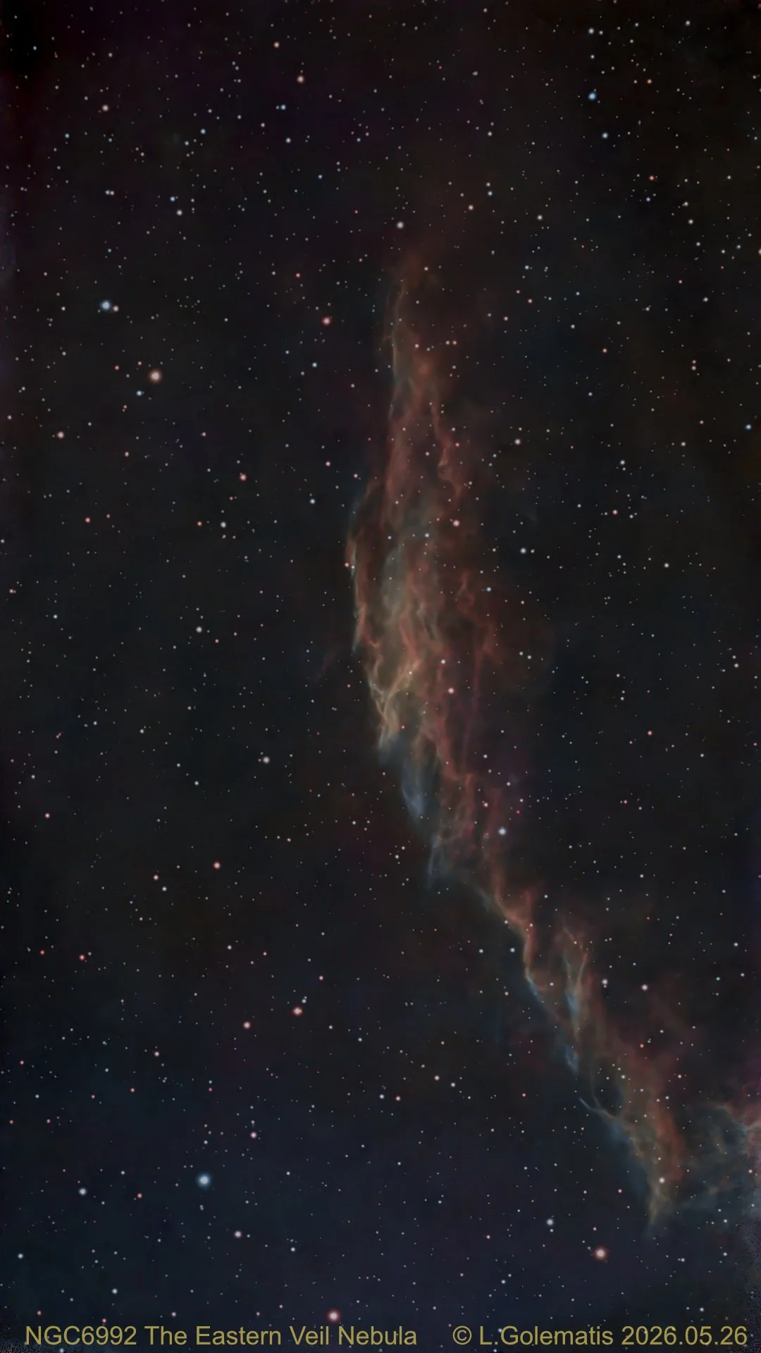 NGC 6992 Eastern Veil Nebula (570 Subs X 10 sec. under Bortle 7). processed with Pixinsight & Affinity Photo. Captured 2026.05.26