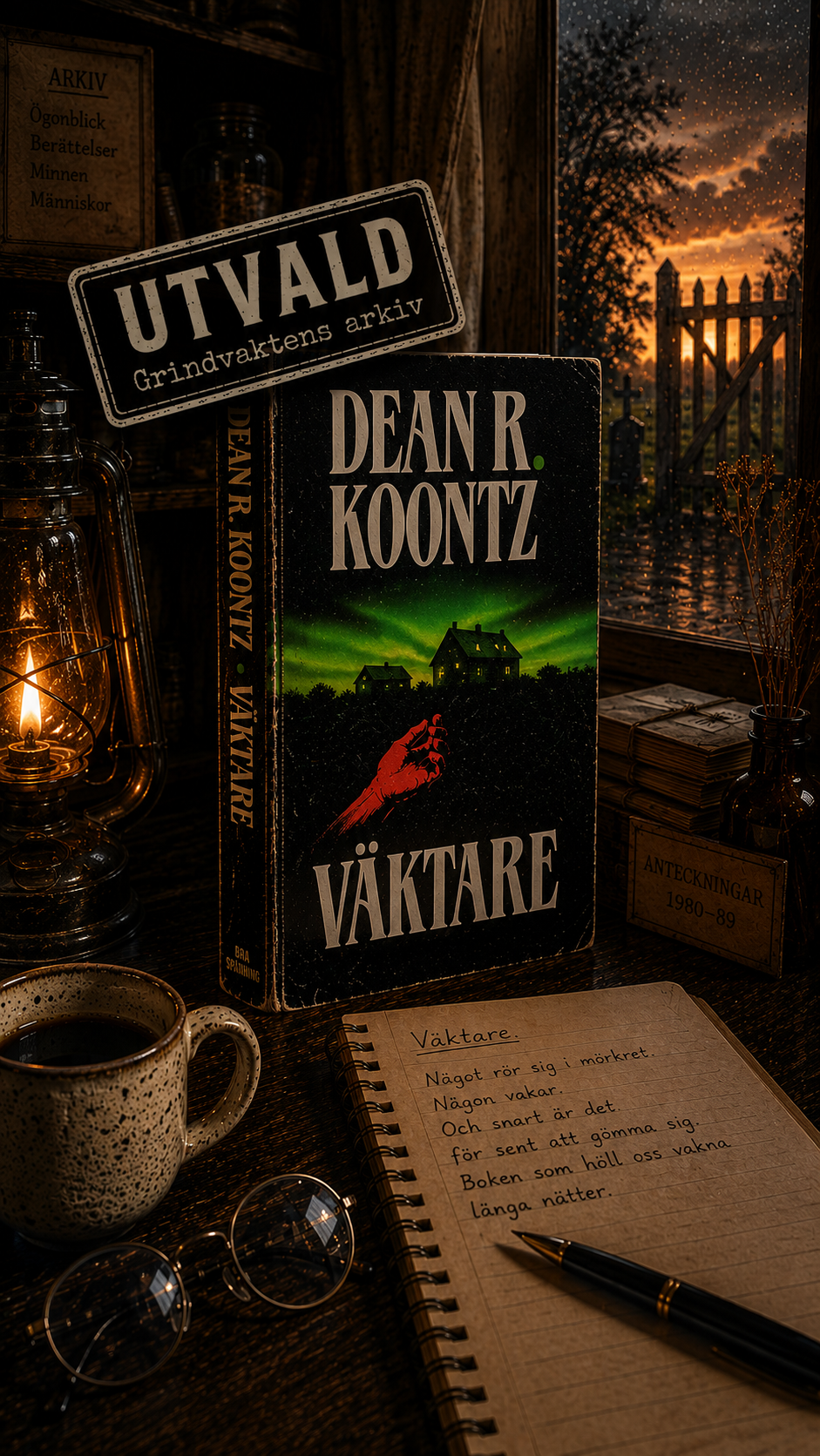 Omslaget till Väktare av Dean R. Koontz på Grindvaktens skrivbord, med kaffekopp, glasögon och anteckningar.