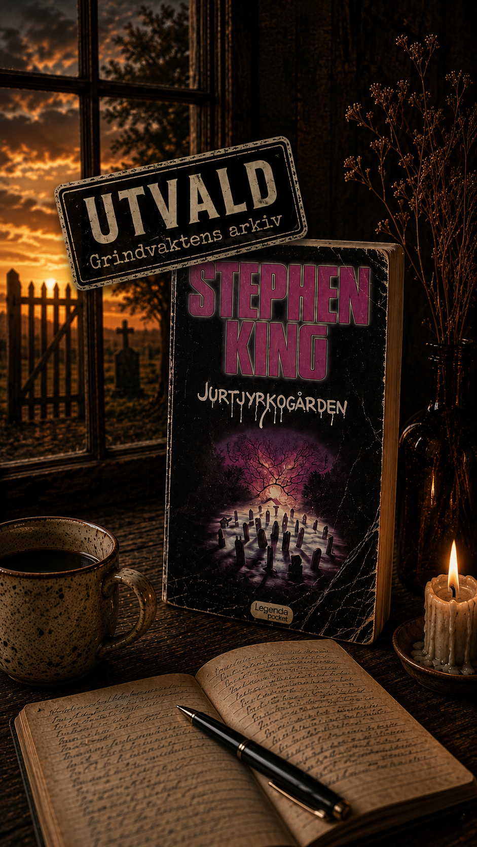 Omslaget till Jurtjyrkogården av Stephen King på Grindvaktens skrivbord, med anteckningar, kaffe och ett tänt ljus.