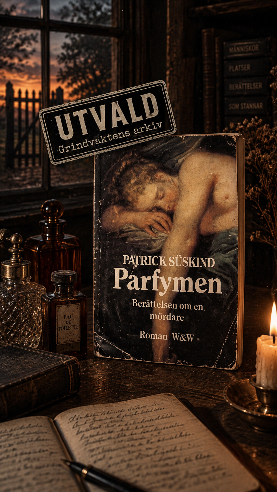 Omslaget till Parfymen av Patrick Süskind på Grindvaktens skrivbord, omgivet av anteckningar och föremål från Arkivet.