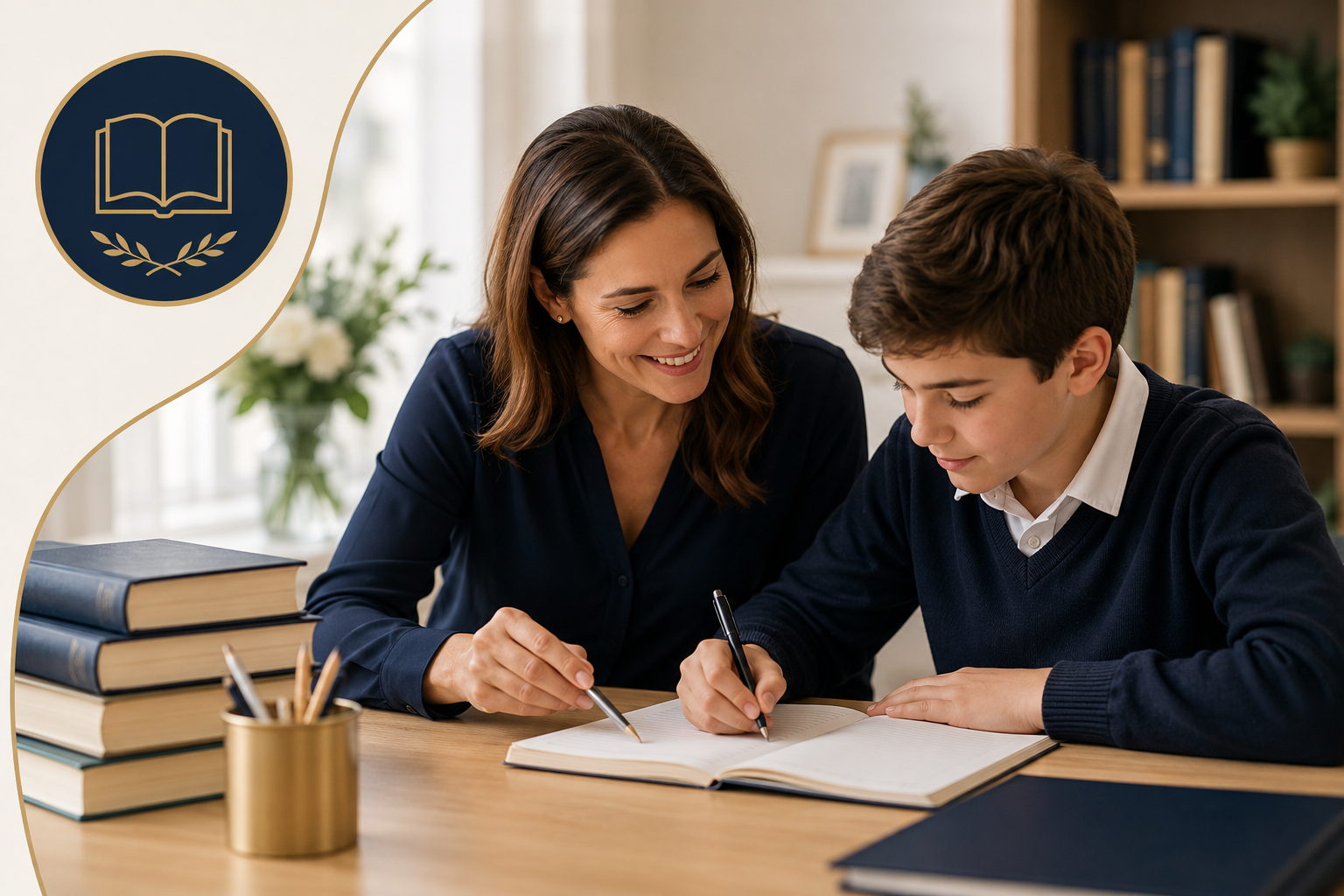 A woman helping a young boy with homework at a wooden desk, surrounded by books and a pen holder.