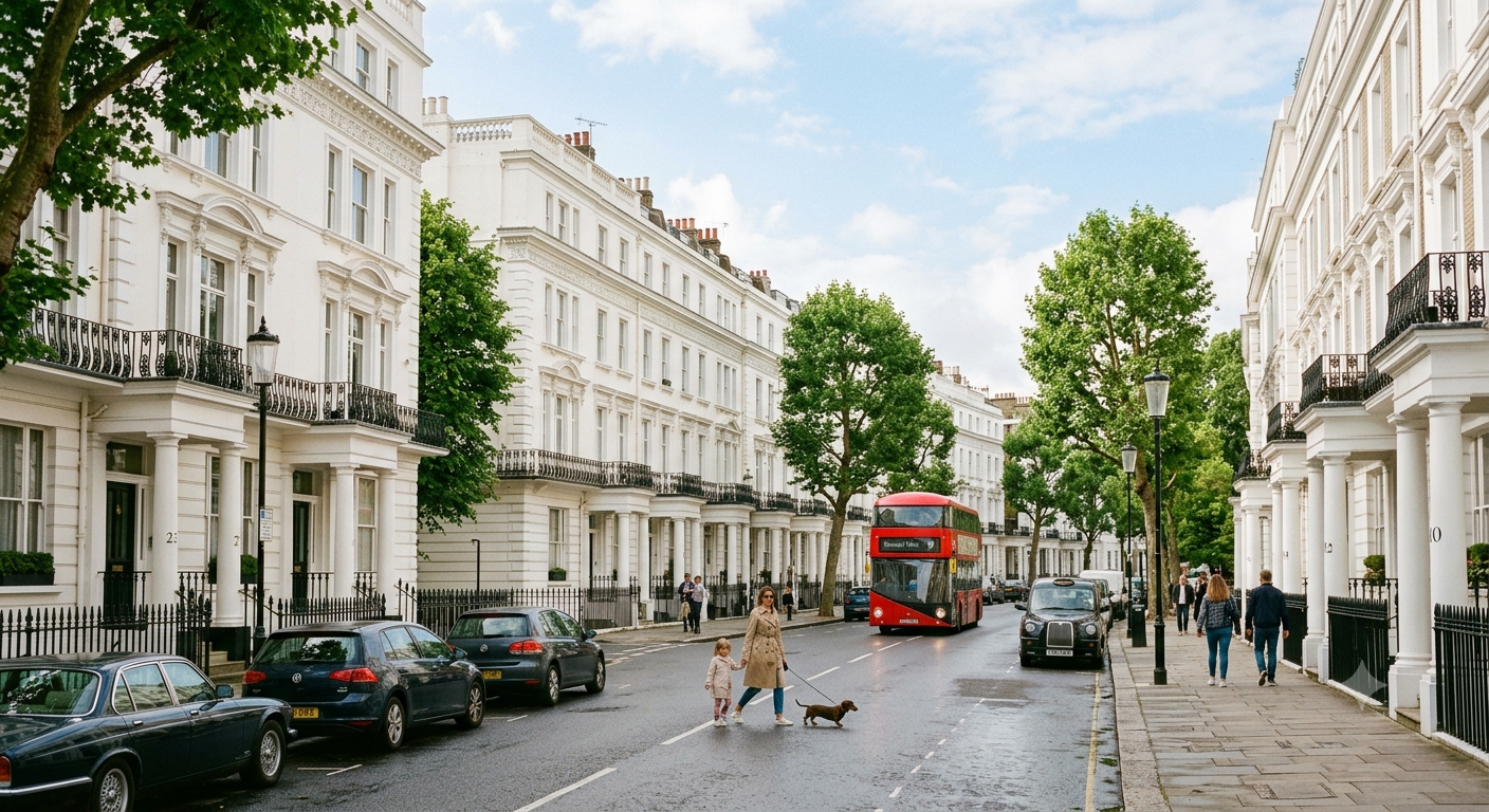 A street scene with white multi-story townhouses, trees, parked cars, people walking on the sidewalk, a woman with children and a dog, and a red double-decker bus in the background.