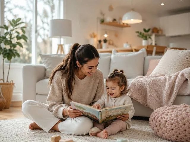 A woman and a young girl sitting on a fluffy white carpet, reading a book together in a cozy living room.