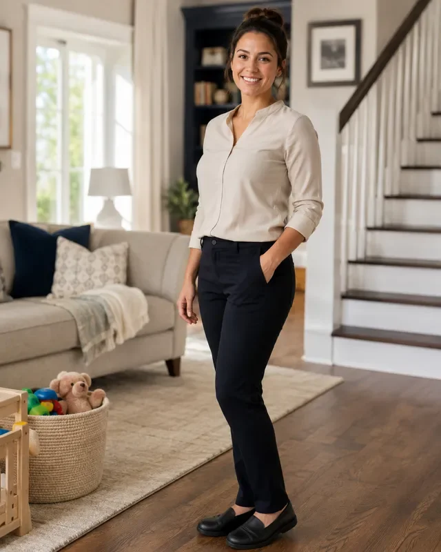A woman standing in a cozy living room, smiling, wearing a beige blouse and dark trousers. There is a cream-colored sofa with cushions, a basket of toys, and a staircase in the background.