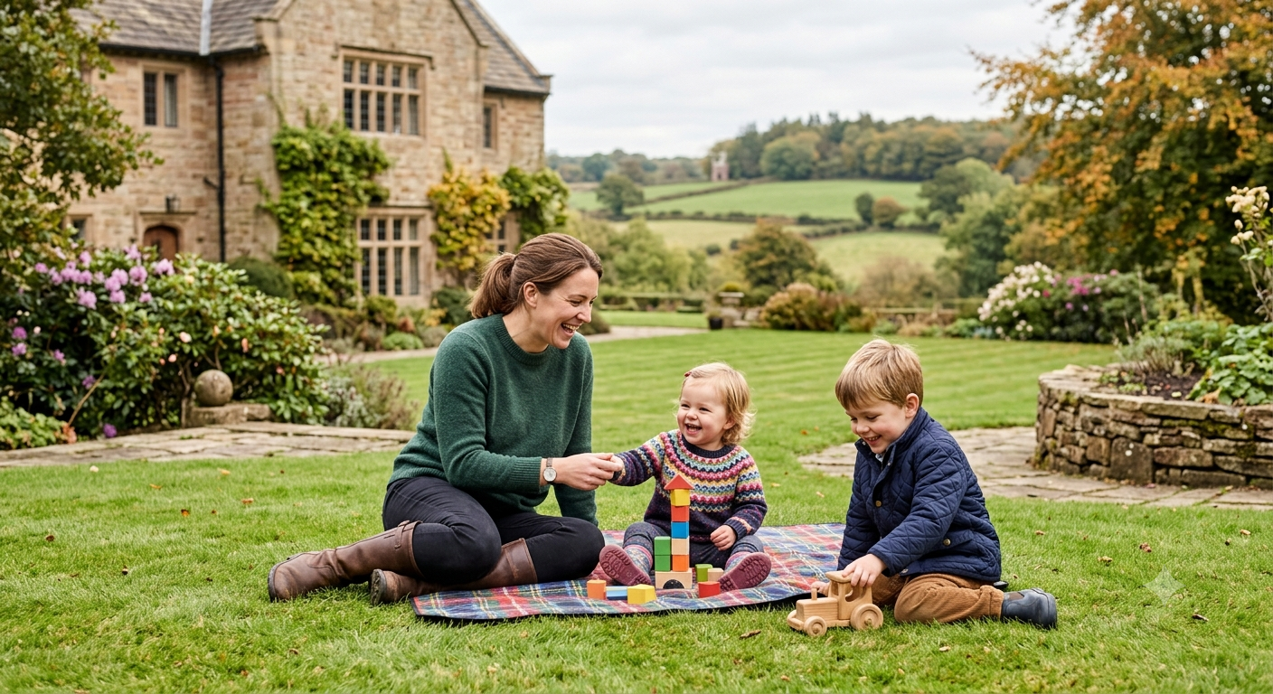 A woman and two children sitting on a picnic blanket on a lawn, playing with toys and smiling in front of a large stone house with garden and trees, in a countryside setting.