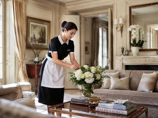 A woman in a maid uniform arranging a floral arrangement in a living room.