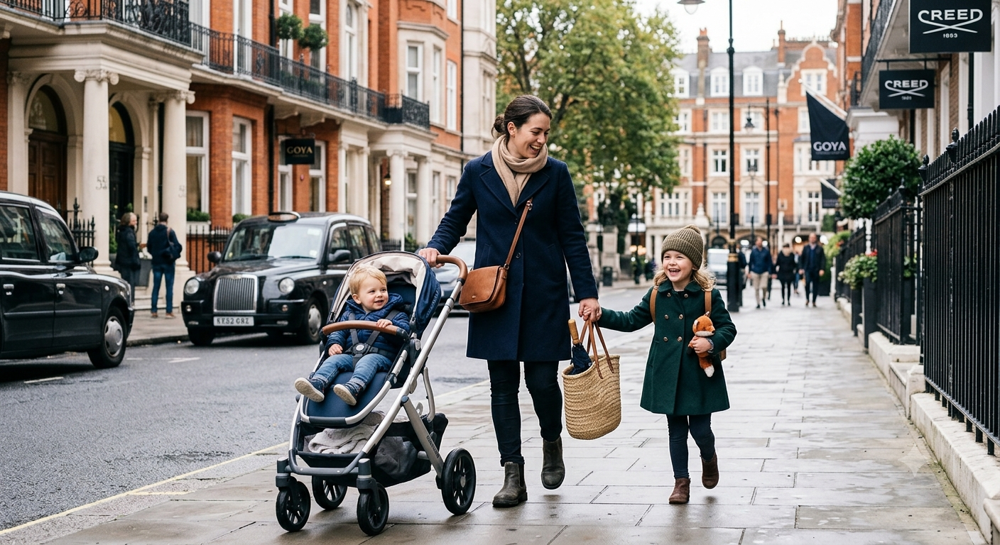 A woman walking on a city sidewalk with two children, one in a stroller and the other holding her hand, on a fall day with trees and historic buildings in the background.