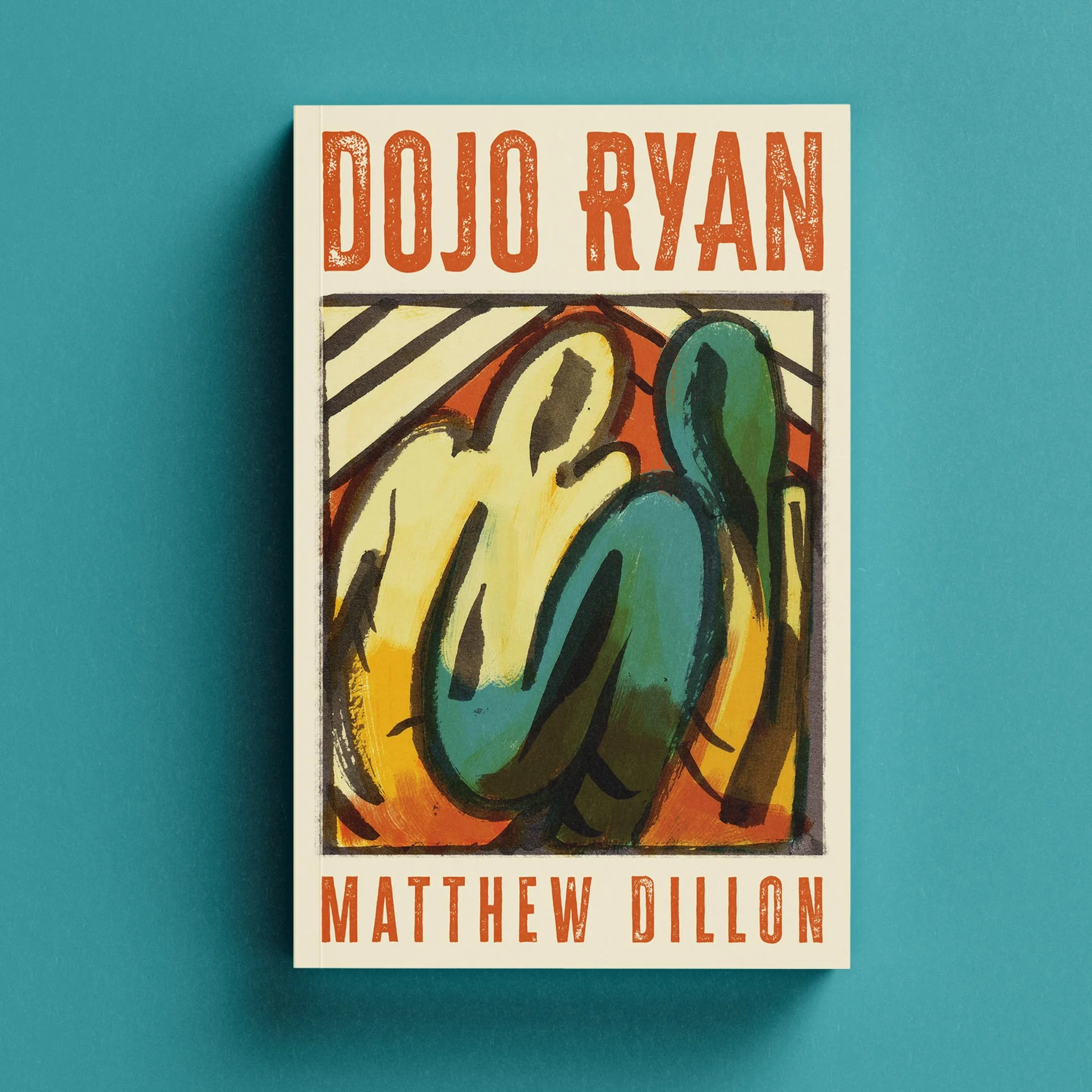 Book cover titled 'Dojo Ryan' with abstract artwork in yellow, green, and orange colors on a white background, against a turquoise surface.