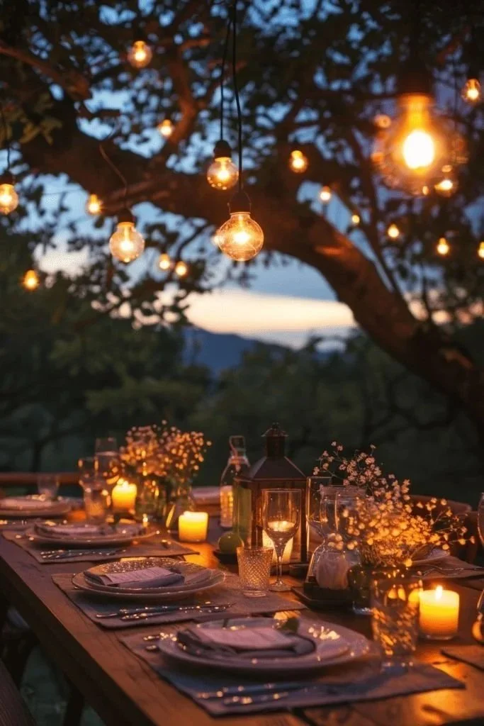 dinner party outdoors with lights