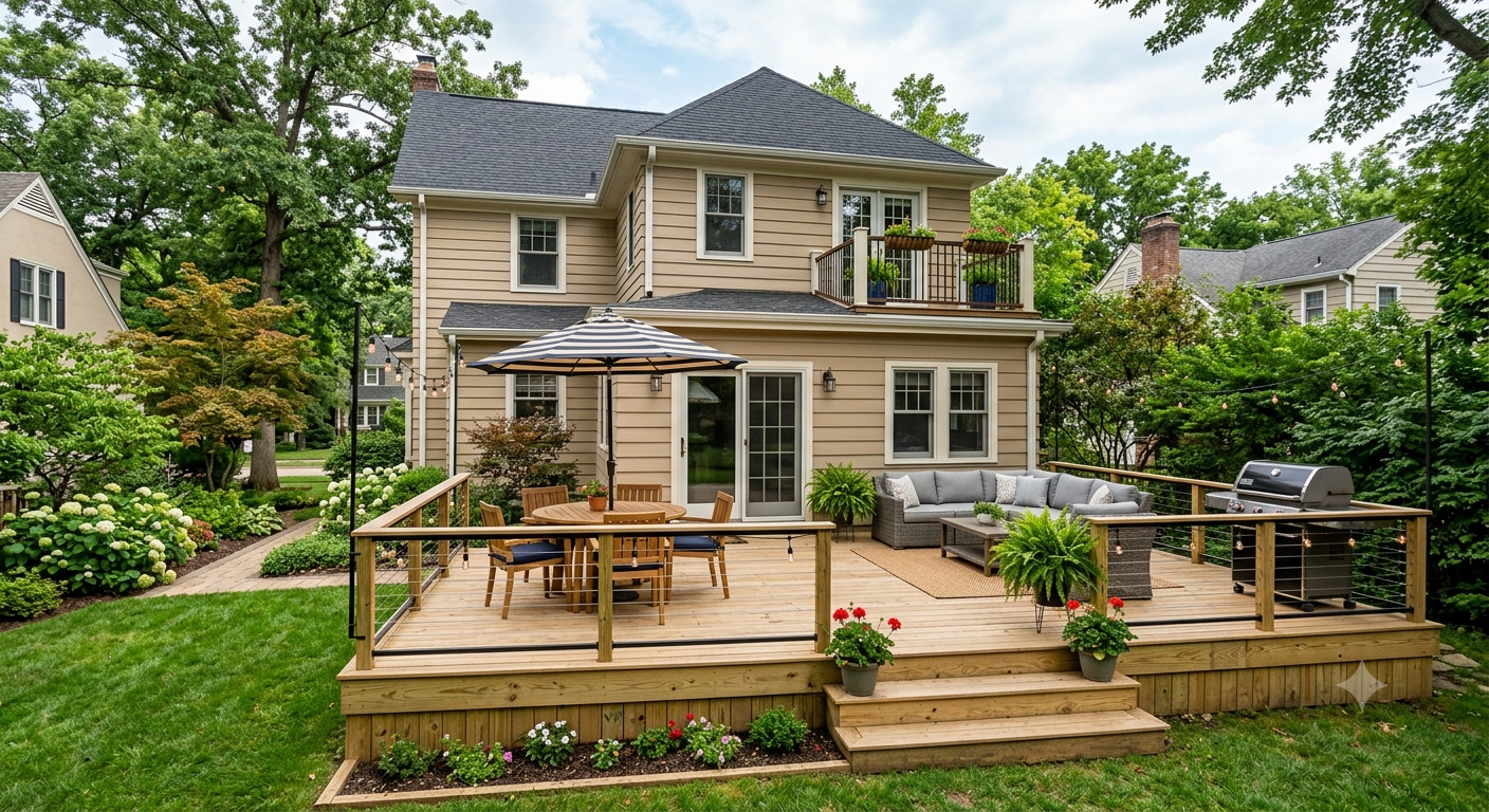 Backyard deck attached to a beige house, with outdoor furniture including a round table, chairs, an umbrella, potted plants, and a propane grill, surrounded by green trees and shrubbery.