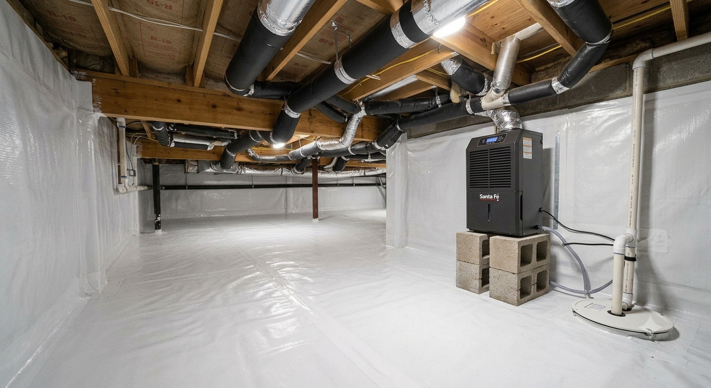 Clean, waterproof basement with HVAC system and ductwork installed above.