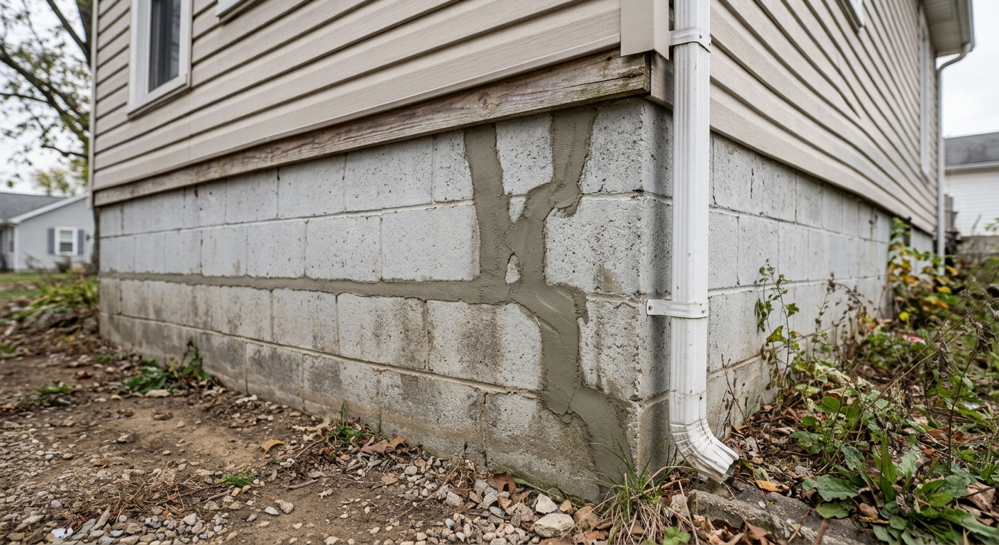 Close-up of the corner of a house showing a concrete block foundation with visible cracks sealed with grey caulk, vinyl siding, a metal drain pipe, and surrounding dirt and plants.
