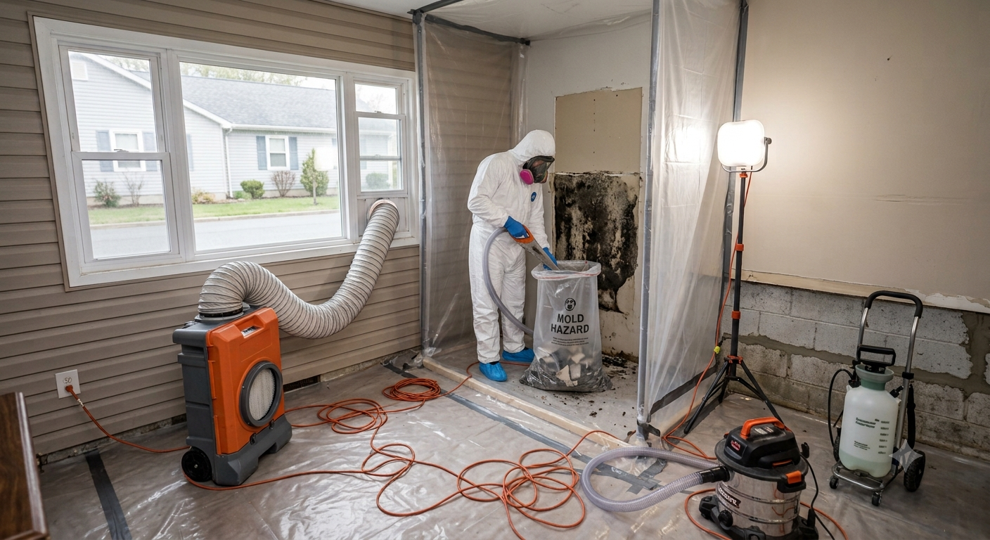 A person in protective gear, including a full-body suit, gloves, mask, and goggles, is removing mold from a wall in a room with a plastic barrier. The room has a large window, and there is specialized equipment for mold removal, including a vacuum, a portable light, and a HEPA filter. The floor is covered with a plastic sheet to catch debris.