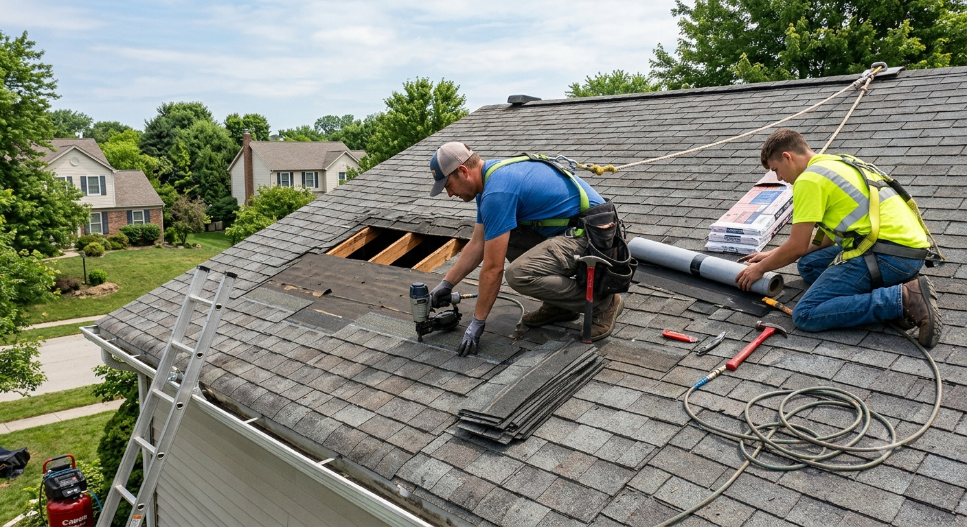 Two workers on a roof repairing shingles, with roofing tools and materials around them, and a ladder on the side.