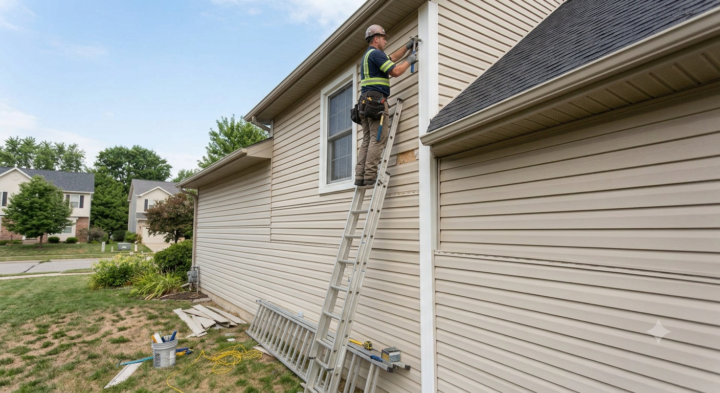A man standing on a ladder installing or repairing house siding or trim on the upper level of a beige house, wearing a safety helmet and high-visibility safety vest.