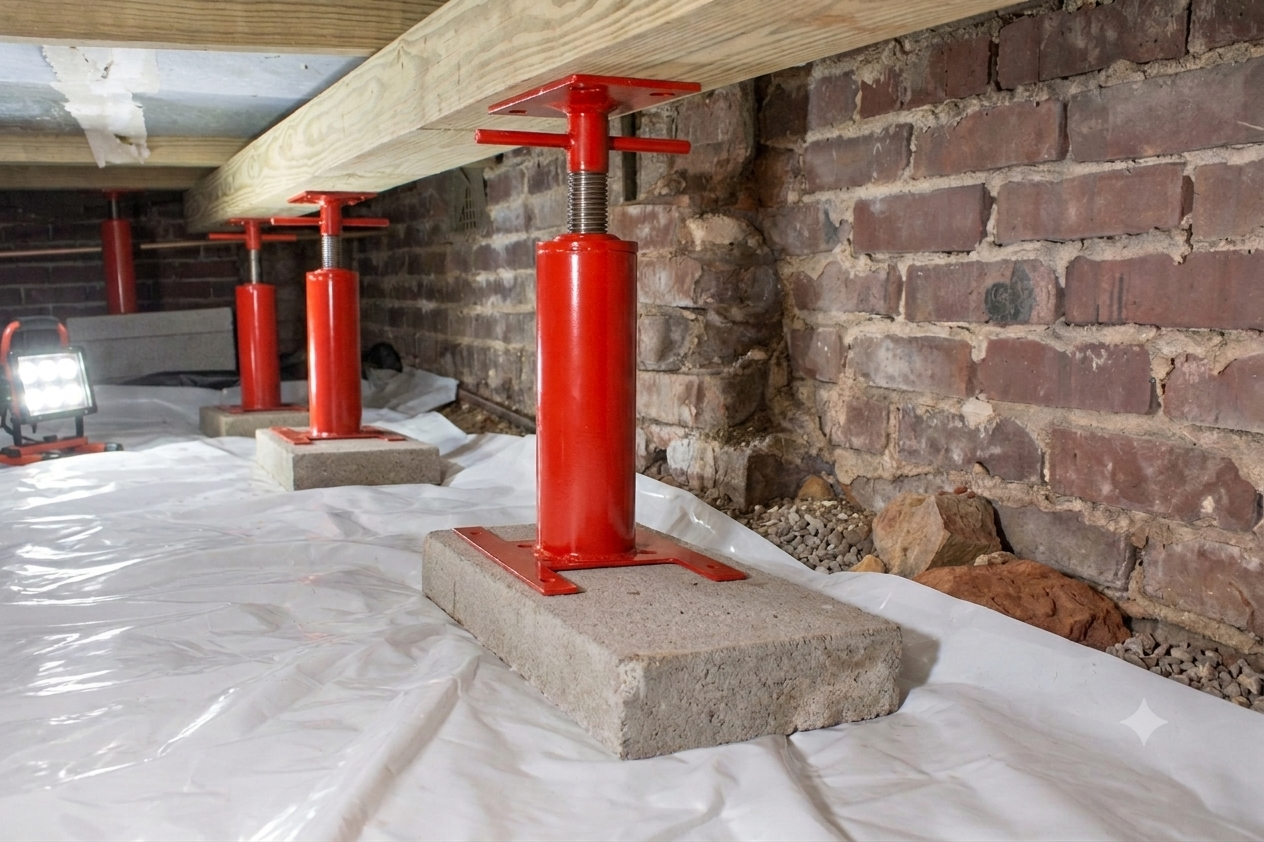 Construction support jacks holding up a wooden beam in a basement with a brick wall background.