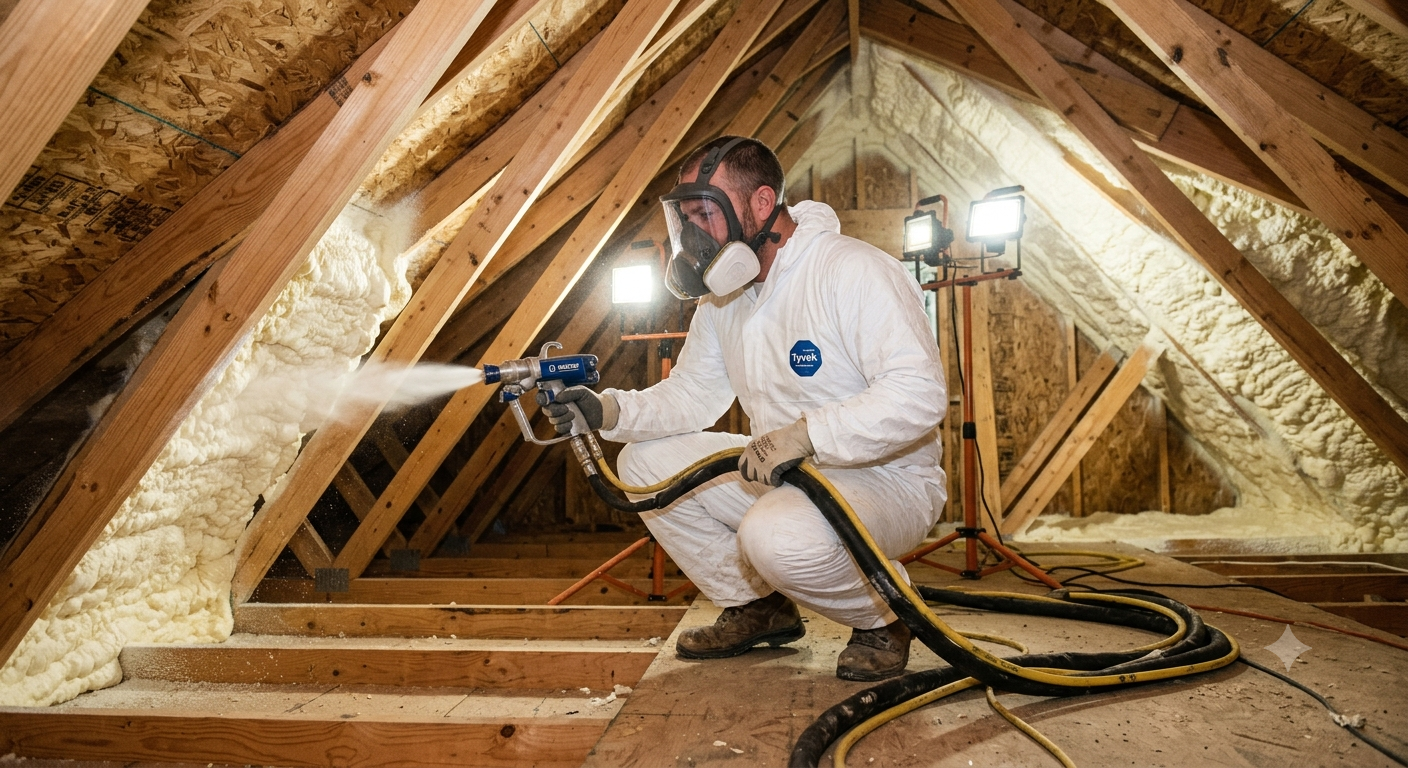 A worker in protective gear spray foam insulation into the attic of a house during construction or renovation.