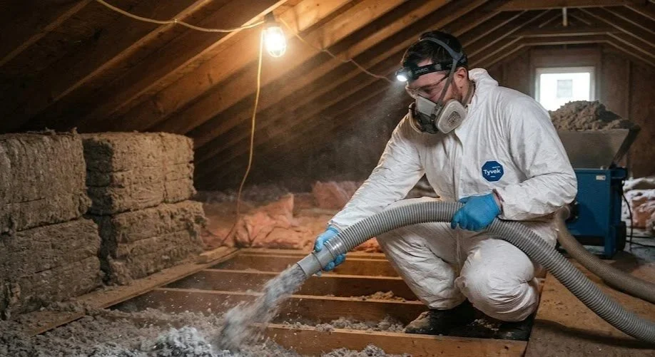 A person wearing protective gear including a mask, goggles, gloves, and a Tyvek suit, is using a hose to remove debris or dust from the floor of an attic with insulation stacked against the walls.