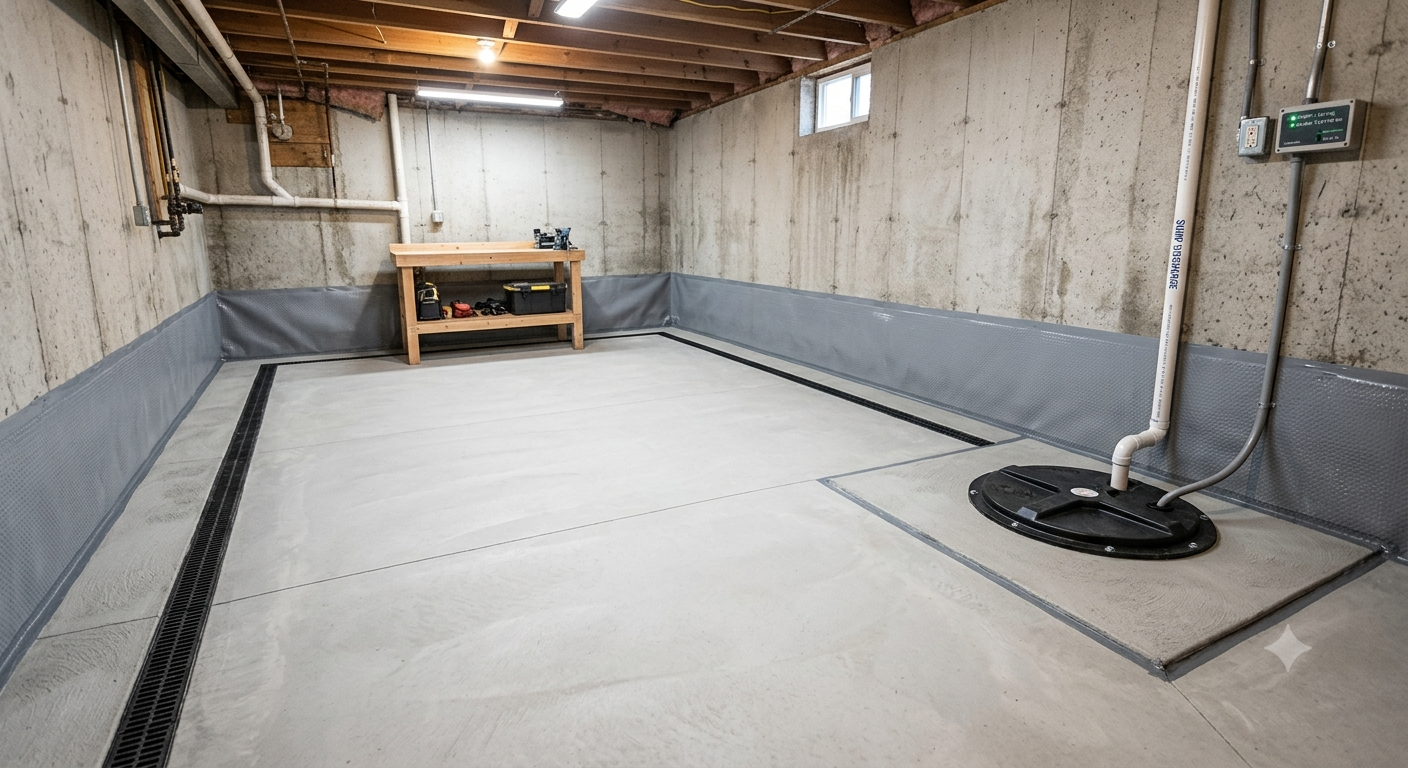 Empty basement with concrete walls and floor, a small window, ceiling with wooden beams, a workbench with tools, and a sump pump system in the corner.