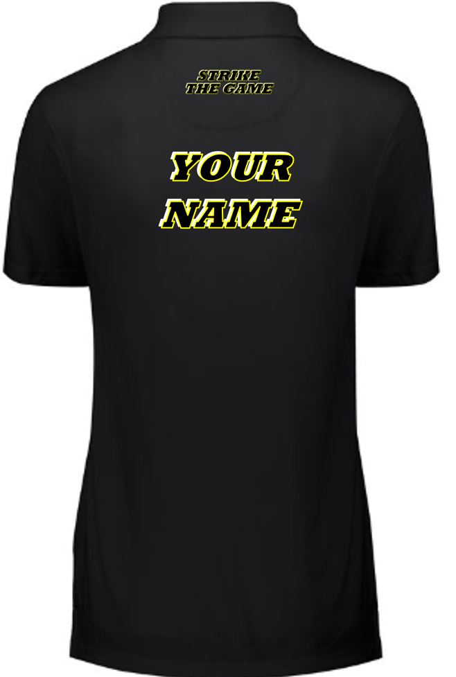 Ladies Black Polo - YELLOW Black-White logo-motto - Back Side.png