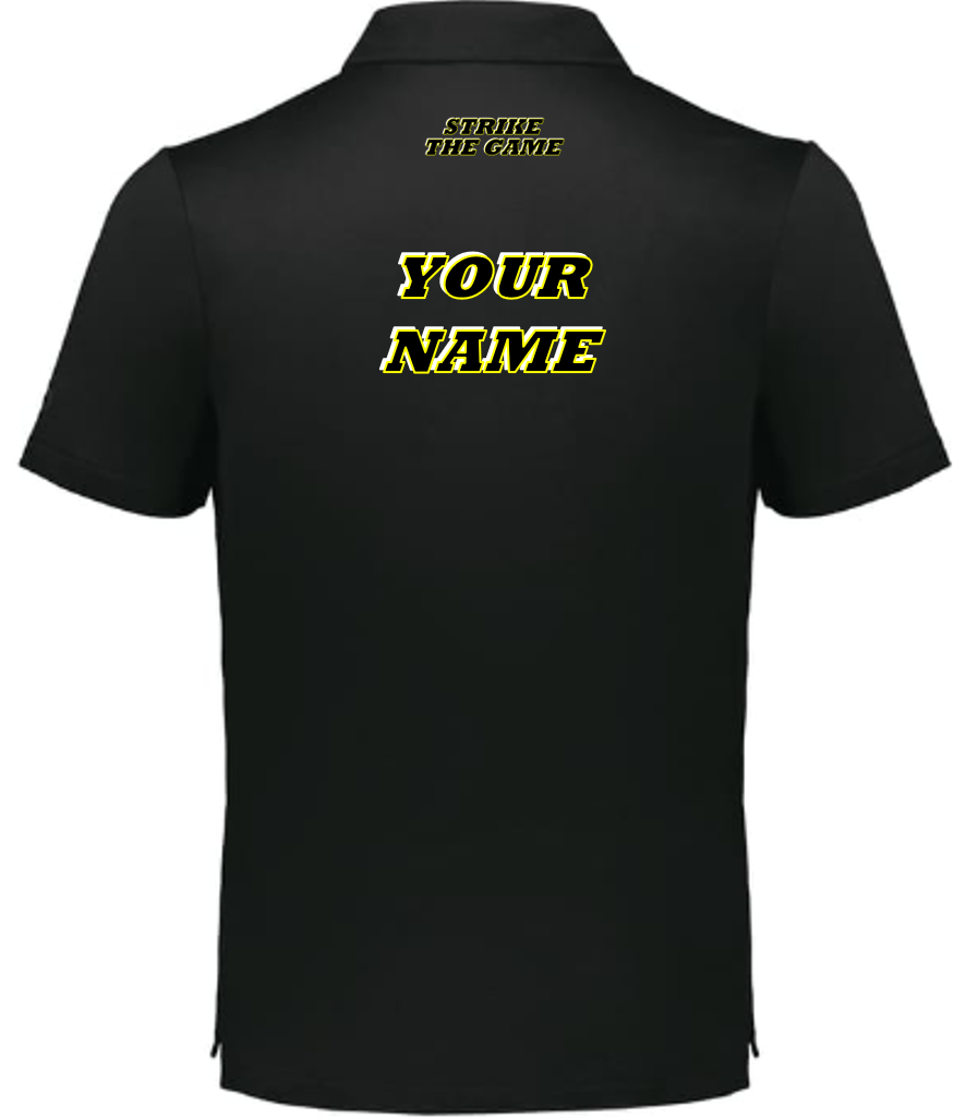 Men's Black Polo - YELLOW-Blk-Wht logo-motto - back side.png