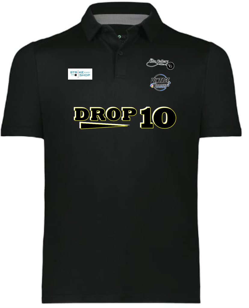 Men's Black Polo - YELLOW- Blk-Wht logo-motto - front side.png