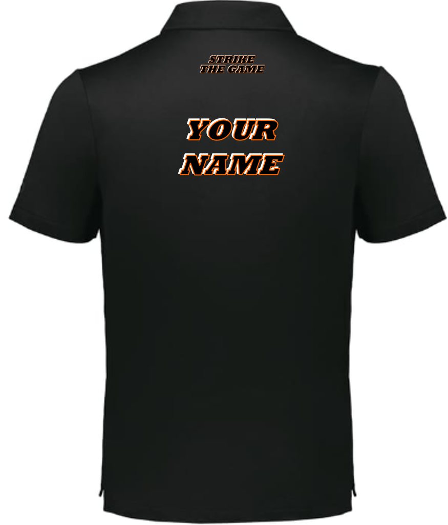 Men's Black Polo - ORANGE DARK Blk-Wht logo-motto - back side.png